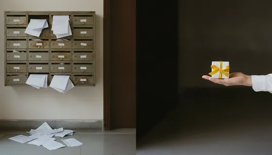 Buzones llenos de folletos junto a una mano que recibe una muestra de producto con lazo amarillo