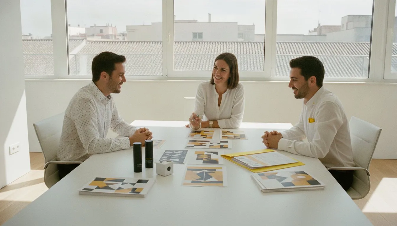 Directora de marketing y dos compañeros revisan propuestas de campaña y muestras en una oficina