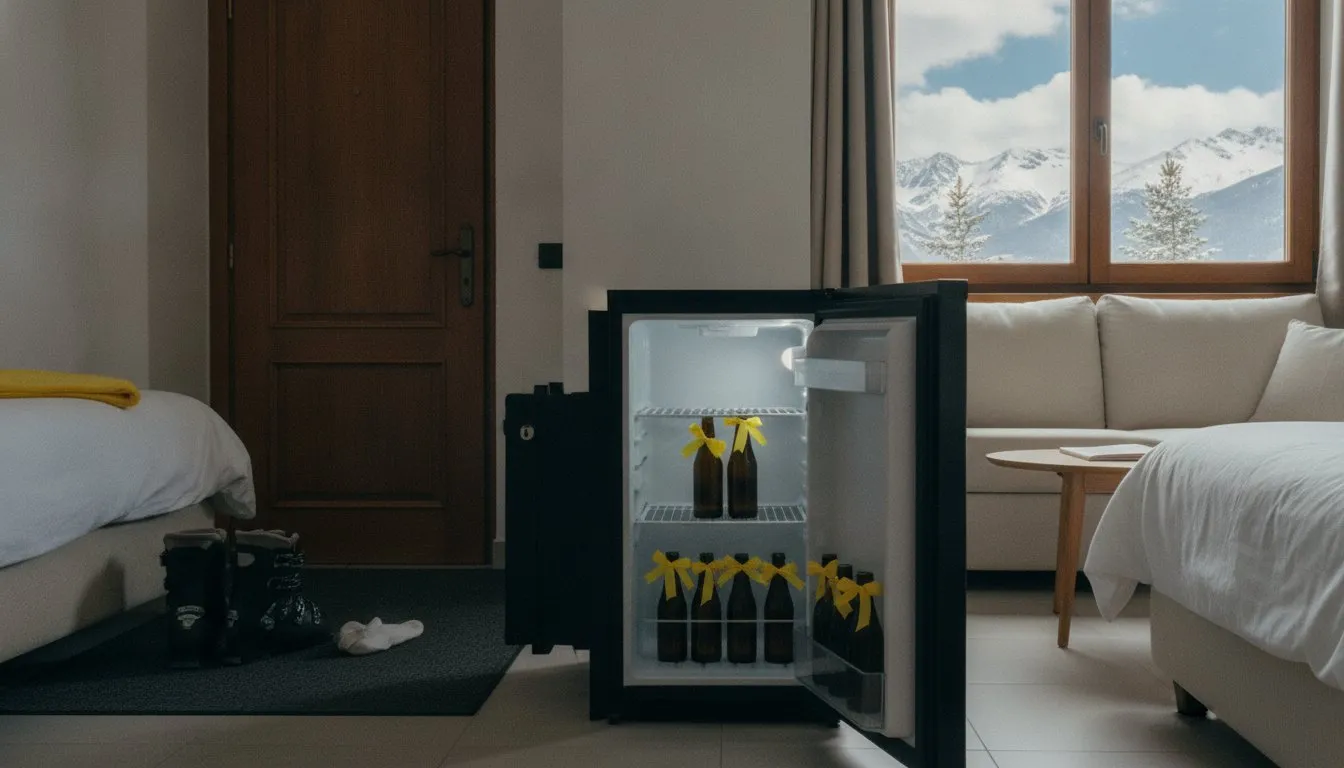 Nevera abierta con botellas frías de cerveza con lazo amarillo en un apartamento de montaña nevada