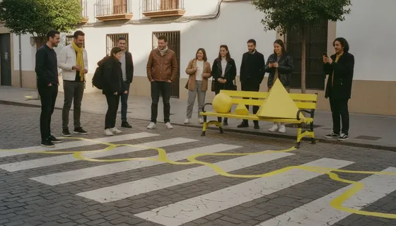 Paso de cebra y banco intervenidos con cinta amarilla y objetos gigantes ante viandantes sorprendidos