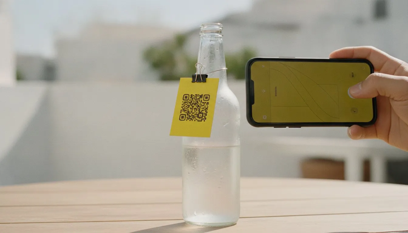 Mano escanea con el móvil el código QR de una tarjeta amarilla atada a una botella fría