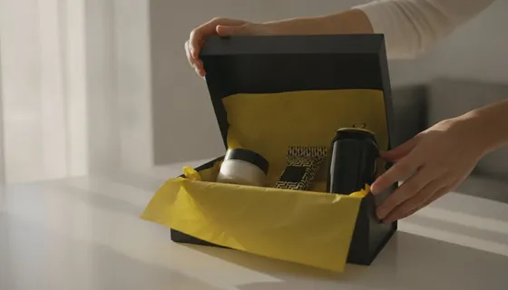 Manos abren una caja negra con papel de seda amarillo y muestras de producto nuevo