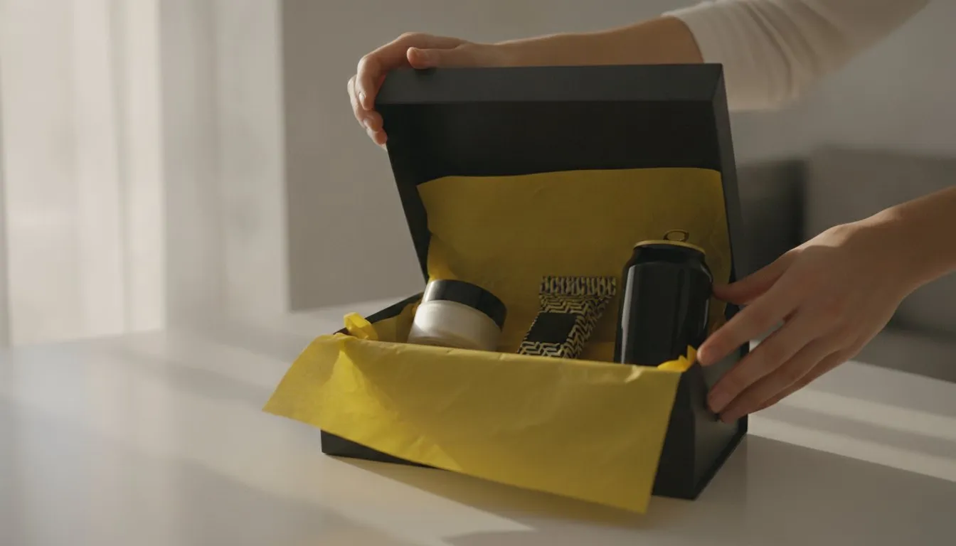 Manos abren una caja negra con papel de seda amarillo y muestras de producto nuevo